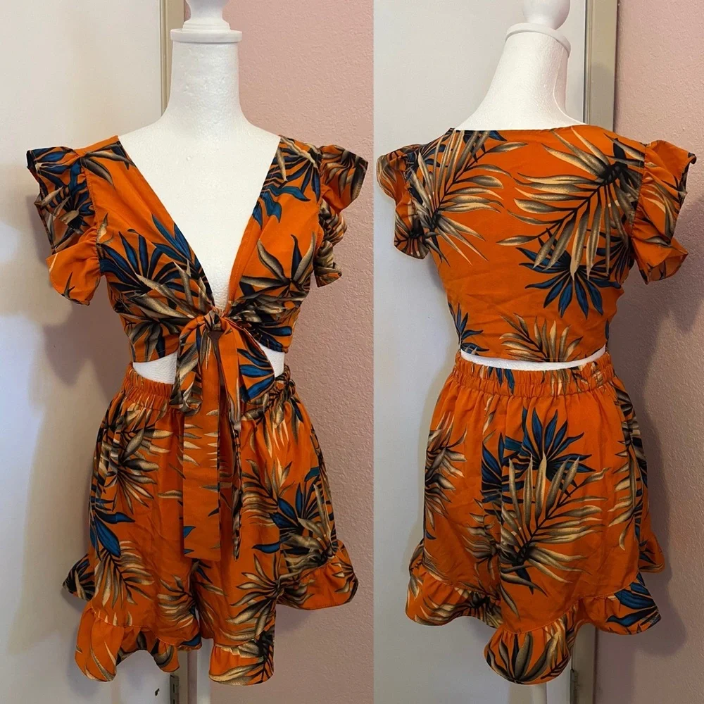 Tropical Print Tie Front Ruffle Trim Top and Shorts Co-ord Set